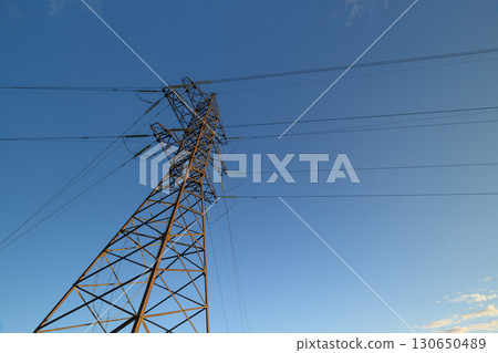 Power Lines and Birds Standing Tall Against a Beautiful Clear Sky with Light Clouds Power Lines and Birds Standing Tall Against a Beautiful Clear Sky with Light Clouds 130650489