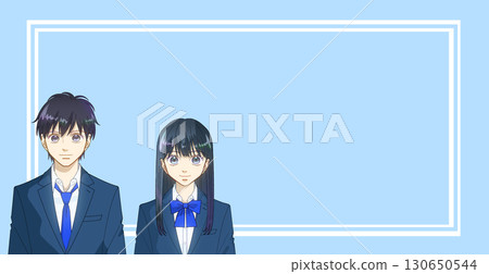Anime-style illustration of high school or junior high school boys and girls, school taste, color background, copy space available 130650544