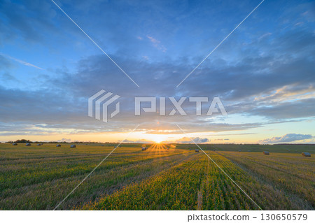The breathtaking sunset over the lush green fields, accompanied by a vibrant and colorful sky The breathtaking sunset over the lush green fields, accompanied by a vibrant and colorful sky 130650579
