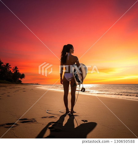 在熾熱的日落時分，沙灘上一位拿著衝浪板的女衝浪者的美麗輪廓 130650588