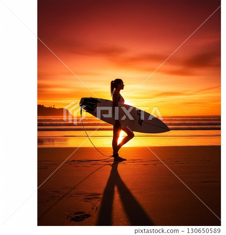 Beautiful silhouette of a female surfer with a surfboard on the beach at blazing sunset Beautiful silhouette of a female surfer with a surfboard on the beach at blazing sunset 130650589