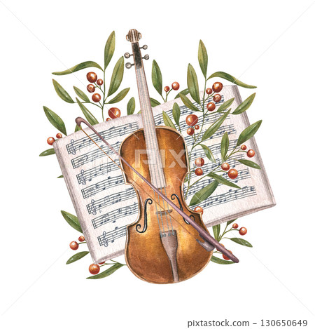 Violin with bow, open music notebook and herbaceous plant with red berries watercolor illustration on isolated background. String instrument on musical paper with note stave among autumn herbs. Violin with bow, open music notebook and herbaceous plant with red berries watercolor illustration on isolated background. String instrument on musical paper with note stave among autumn herbs. 130650649