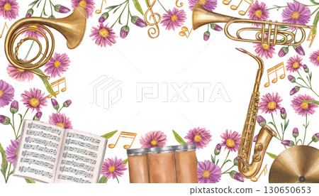 Watercolor percussion, wind instruments, autumn flowers rectangle frame on isolated background. Drum, saxophone, French horn, music book and fall purple daisy border with empty space for text Watercolor percussion, wind instruments, autumn flowers rectangle frame on isolated background. Drum, saxophone, French horn, music book and fall purple daisy border with empty space for text 130650653