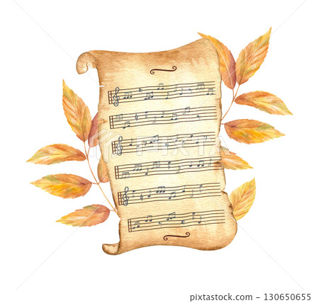 Musical notes on aged yellowed paper scroll and golden leaves watercolor illustration on isolated background in vintage style. Ash branches and ancient paperboard for musical greeting cards, posters Musical notes on aged yellowed paper scroll and golden leaves watercolor illustration on isolated background in vintage style. Ash branches and ancient paperboard for musical greeting cards, posters 130650655