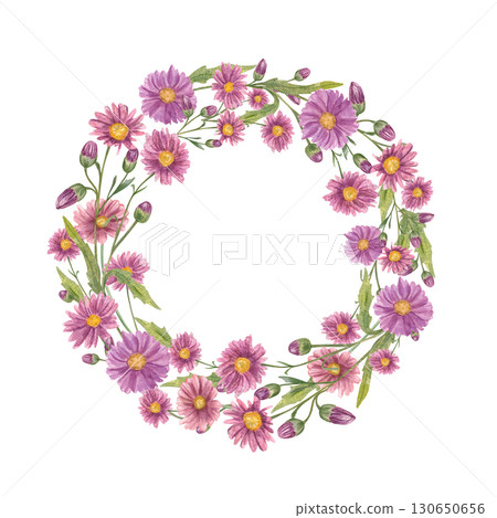 Watercolor pink chrysanthemum wreath on isolated background. Fall daisy flowers on green stem with leaves round frame with empty space for text. Floral autumn border for greeting card, invitation 130650656