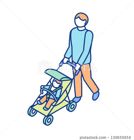 一名男子在嬰兒車中撫養嬰兒的等距插圖 130650858