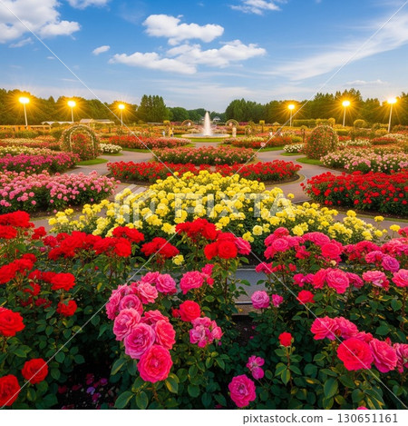 A vast rose garden with colorful roses blooming under the blue sky and a central fountain 130651161