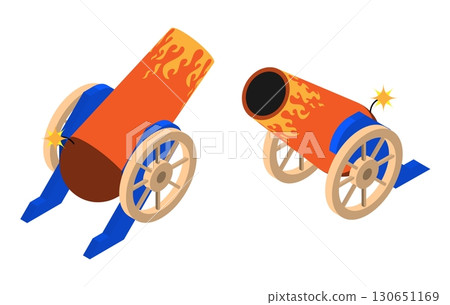 Isometric Circus cannon on wooden wheels for shooting fireworks. Circus equipment. Realistic 3D vector concept isolated on white background Isometric Circus cannon on wooden wheels for shooting fireworks. Circus equipment. Realistic 3D vector concept isolated on white background 130651169