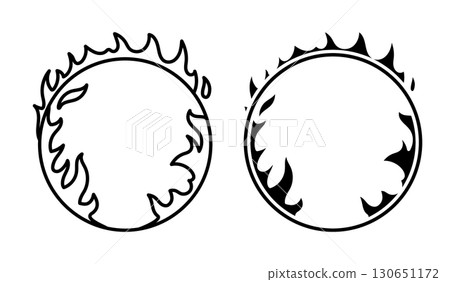 Linear icon. Circus fire ring for jumping trained animals and tricksters. Simple black and white vector isolated on white background Linear icon. Circus fire ring for jumping trained animals and tricksters. Simple black and white vector isolated on white background 130651172