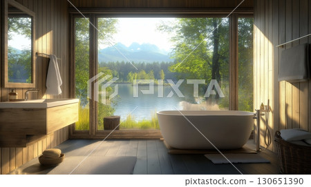 Modern luxury bathroom with picture window overlooking a tranquil lake and lush forest 130651390