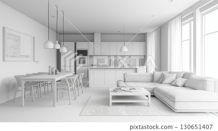 Wireframe rendering of a modern open-plan living room with kitchen and dining area Wireframe rendering of a modern open-plan living room with kitchen and dining area 130651407