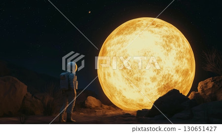 Astronaut stands on alien landscape under glowing sun in a distant galaxy during exploration mission 130651427