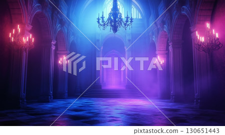 Vibrant purple palace illuminated by glowing hues in a surreal fantasy interior Vibrant purple palace illuminated by glowing hues in a surreal fantasy interior 130651443