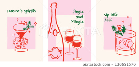 Merry Christmas, hand drawn illustrations of wine, champagne, holiday cocktails. Vertical Christmas 130651570