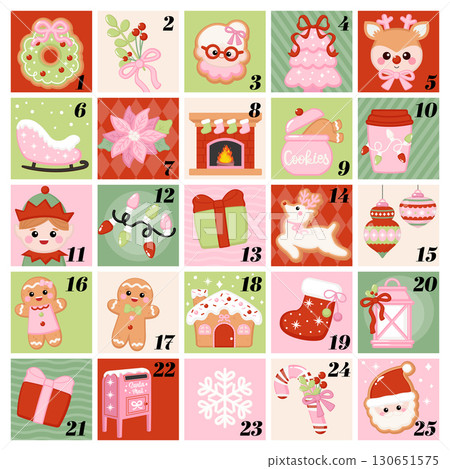Cute Christmas red and pink decoration advent calendar countdown 130651575