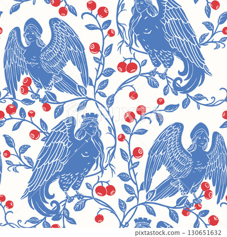 Seamless Vector Slavic Mythology Alkonost Bird-Woman Pattern , Vintage Folk Art Wallpaper Design with Ornamental Branches and Berries 130651632