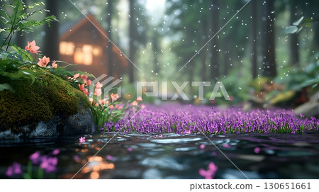 Serene Forest Scene with Blooming Flowers and Gentle Stream Flowing Near Cozy Cabin 130651661
