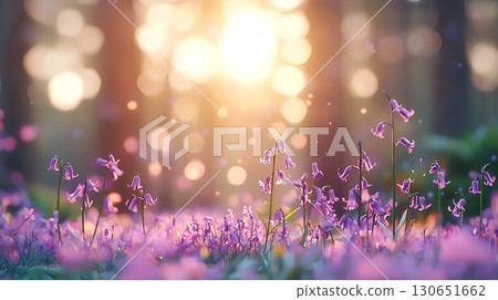 Delicate Purple Flowers Blooming in Sunlit Forest with Soft Bokeh Background 130651662