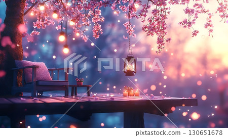 Enchanted Evening with Lantern and Blossoming Trees in a Serene Garden Setting 130651678