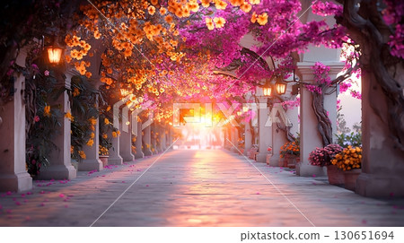 Breathtaking Garden Pathway with Colorful Blossoms and Soft Sunset Glow 130651694