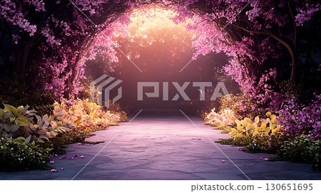Serene Pathway Through Blossoming Archway of Colorful Flowers and Lush Green Foliage 130651695