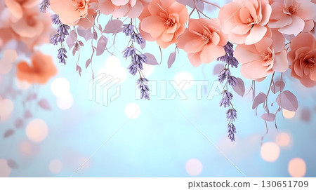 Beautiful pastel floral arrangement with pink roses and lavender on soft blue background 130651709