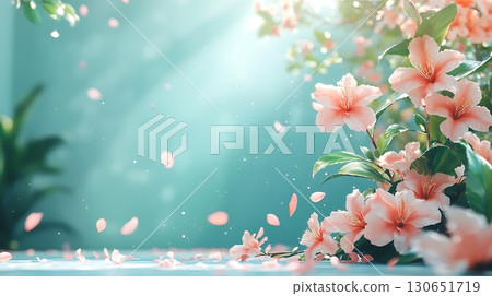 Soft Pink Floral Arrangement with Falling Petals and Gentle Light Background 130651719