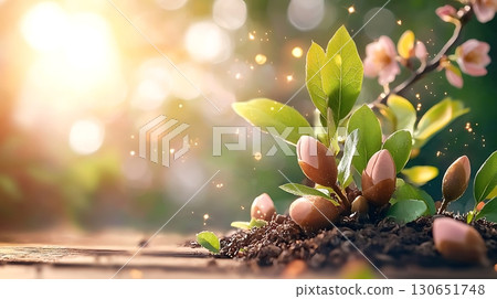 Growing seedling with young leaves in rich soil illuminated by warm sunlight in nature 130651748