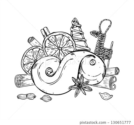 New Year ingredients and decor for bakery, mulled wine in Scandinavian style vector outline illustration. Swedish saffron bun, dried orange slices, cinnamon, cardamom, wicker reindeer graphic sketch New Year ingredients and decor for bakery, mulled wine in Scandinavian style vector outline illustration. Swedish saffron bun, dried orange slices, cinnamon, cardamom, wicker reindeer graphic sketch 130651777