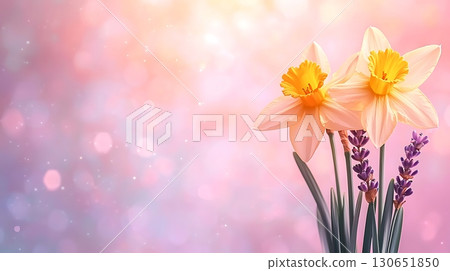 Elegant Daffodils and Lavender Arrangement Against a Soft Pink Bokeh Background 130651850