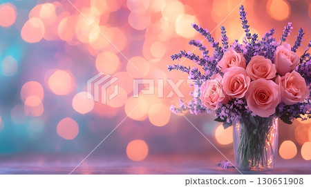 Elegant Pink Roses and Lavender in Glass Vase with Blurred Colorful Background Elegant Pink Roses and Lavender in Glass Vase with Blurred Colorful Background 130651908