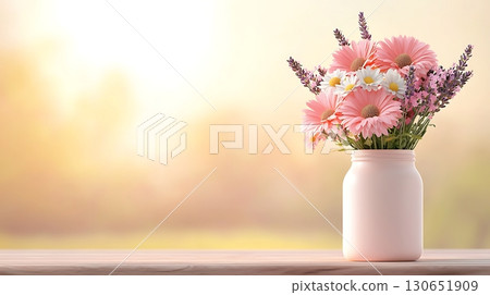 Beautiful pink flowers in vase with soft blurred background and warm sunlight glow Beautiful pink flowers in vase with soft blurred background and warm sunlight glow 130651909