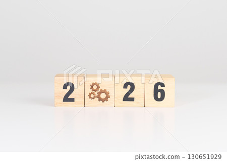 2026 year block with gear icon. Business Process, Team, teamwork, Goal, Target, Resolution, strategy, plan, Action, motivation, change, brainstorm and New Year start concepts 130651929