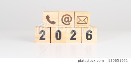 Happy New Year 2026 block for Contact Us concepts. Wood block of Email, call Phone and Website Address sign. For Customer support hotline, business Marketing, Corporate, communication and Advertising Happy New Year 2026 block for Contact Us concepts. Wood block of Email, call Phone and Website Address sign. For Customer support hotline, business Marketing, Corporate, communication and Advertising 130651931