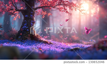 Enchanted Forest Scene with Pink Blossoms, Butterflies, and Soft Light in Nature Enchanted Forest Scene with Pink Blossoms, Butterflies, and Soft Light in Nature 130652046