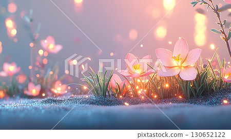 Delicate Pink Flowers Among Soft Green Grass Under Gentle Sparkling Light at Dawn 130652122