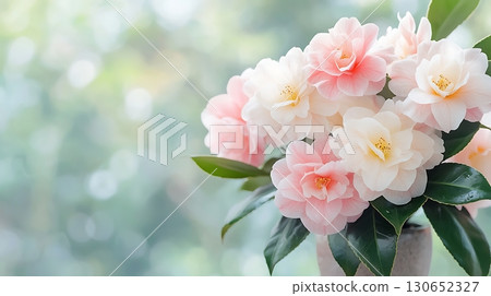 Elegant soft pink and white flowers in a vase with a soft blurred background for decoration 130652327