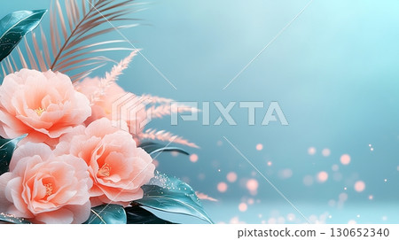 Soft Pink Roses with Green Leaves and Delicate Accents on a Calm Blue Background 130652340