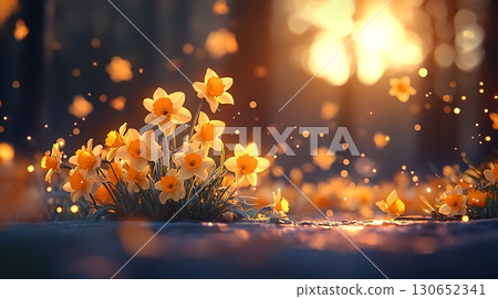 Vibrant Daffodils Blooming with Golden Light in a Peaceful Spring Landscape at Sunset 130652341