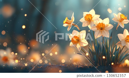 Beautiful blooming daffodils in soft focus with warm bokeh lighting for spring themes 130652357