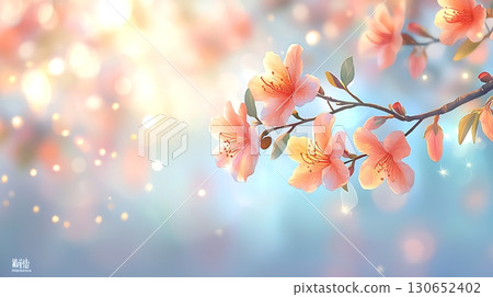 Delicate Pink Blossoms on a Branch Against a Soft Blue Background with Light Bokeh Effects 130652402