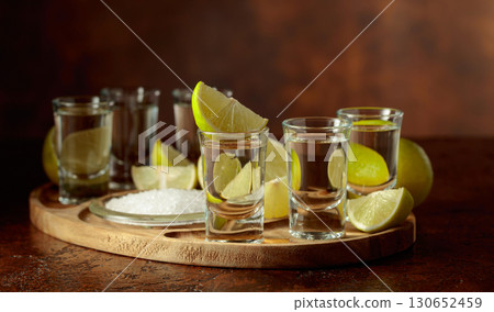 Gold tequila with salt and lime slices. 130652459