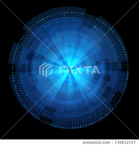 Blur blue dotted digital radar display, search and detection system, vector navy or air sonar radial dashboard on black 130652557