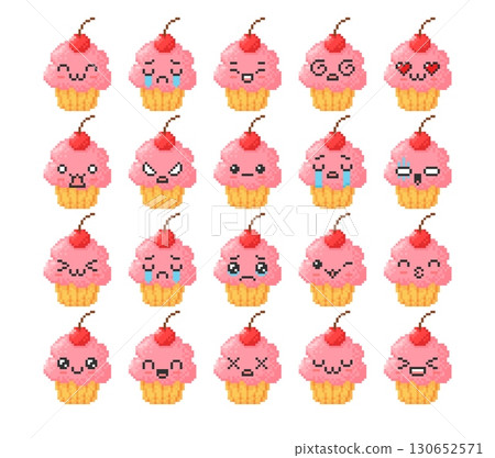 Set of pixel cupcakes, pink cream, cherry on top, with different emotions and facial expressions. Set of pixel cupcakes, pink cream, cherry on top, with different emotions and facial expressions. 130652571