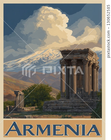 Ancient stone ruins stand prominently in the foreground surrounded by lush greenery, while a grand mountain looms in the background under a dramatic sky filled with clouds. 130652585
