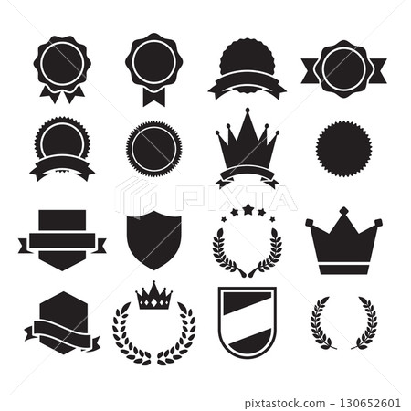 Premium quality badge with crown and laurel wreath vector icon set, black medals collection, achievement guarantee label 130652601