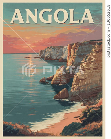 Sunset casts a warm glow over the cliffs of Angola, with waves gently lapping at the shore. The vibrant colors reflect on the ocean, creating a tranquil atmosphere by the coast. 130652619