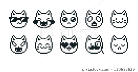 Cat emoji emoticon pixel art positive and negative expression vector icons set, black outline 8 bit sad happy pet muzzle 130652629