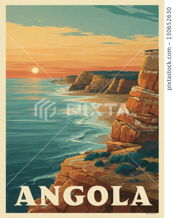 A breathtaking view showcases the sun setting over the Atlantic Ocean, casting golden hues on the rugged cliffs of Angola. Gentle waves lap against the shore, creating a serene atmosphere. 130652630