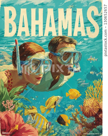 Two divers explore vibrant underwater scenes in the Bahamas, surrounded by various fish and corals. Warm sunlight filters through the clear water, creating a serene atmosphere for adventure. 130652657